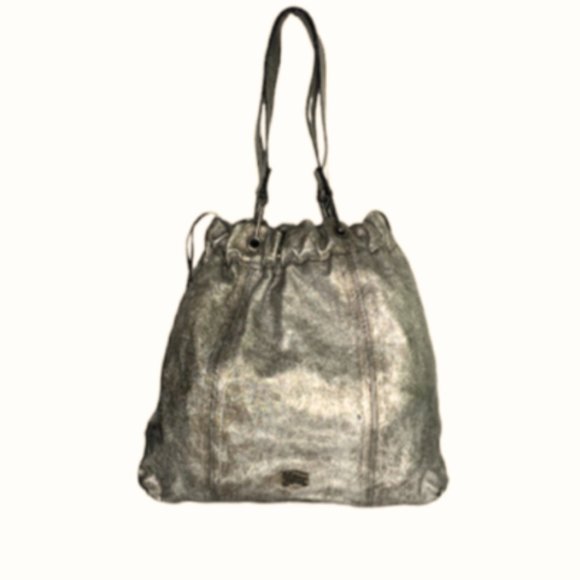 Burberry Dark Nickel Metallic Leather Drawstring Tote with Metal Accents - Picture 5 of 16